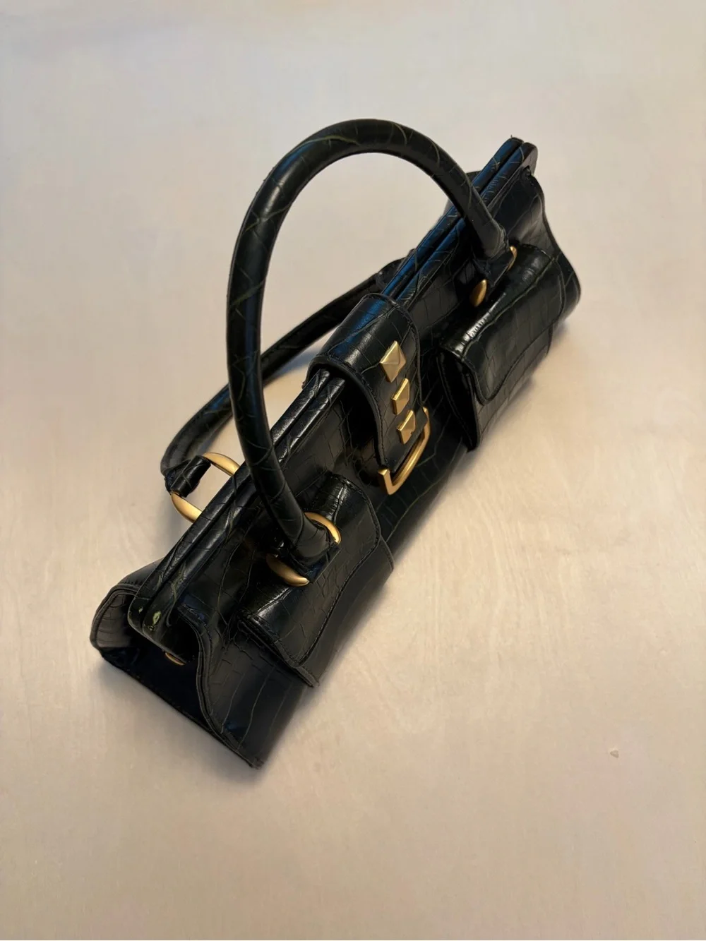 New York & Company Faux Crocodile Top-Handle Bag in Dark Green w/ Gold Hardware